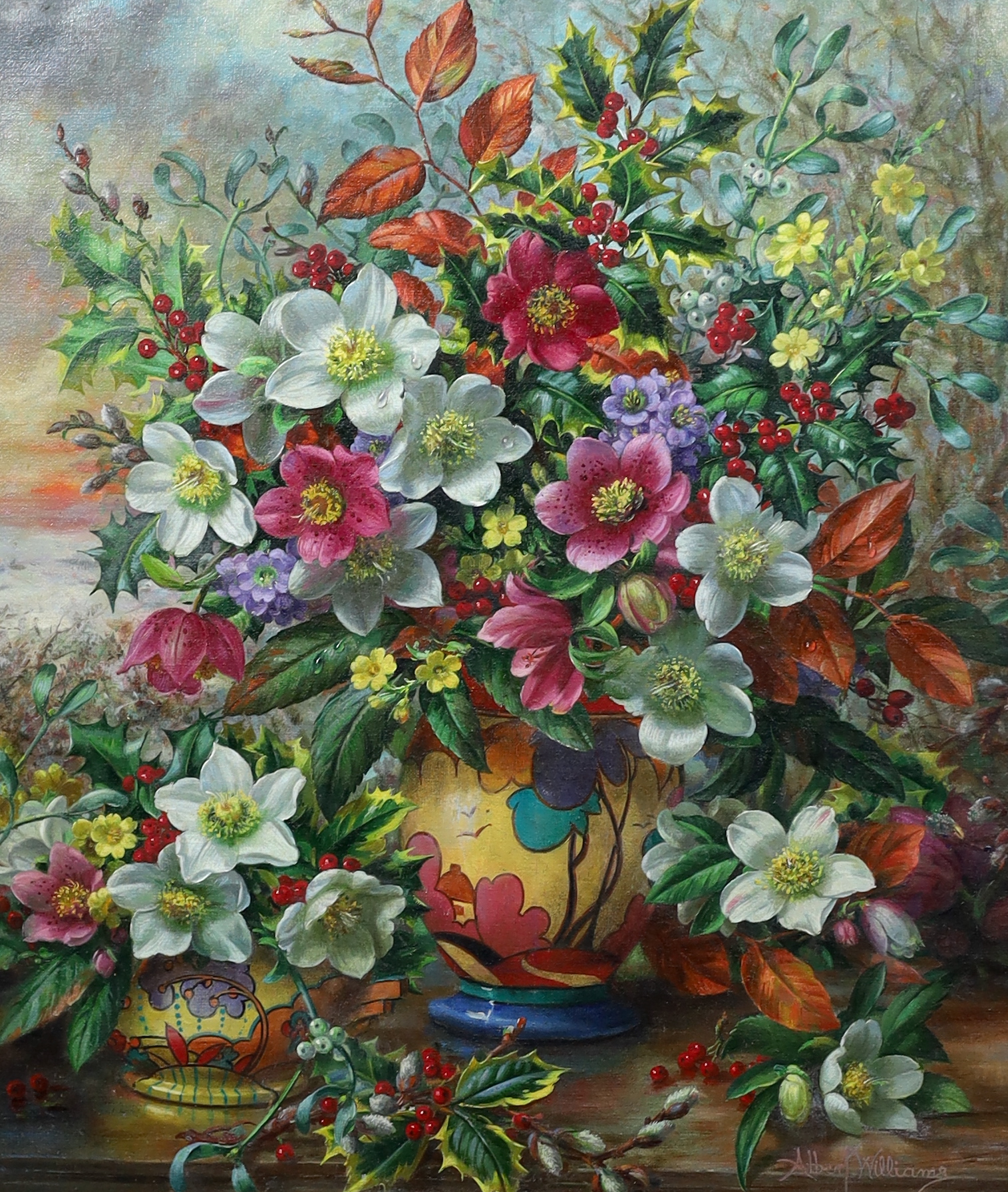 Albert Williams (English, 1922-2010), Winter flowers in a Clarice Cliff vase, oil on canvas, 65 x 55cm